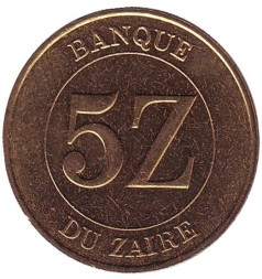 Монета Заир 5 заиров 1987 год