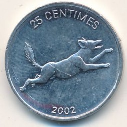 Монета Конго, Демократическая республика 25 сентим 2002 год - Животные. Гиеновидная собака (Полосатый шакал)