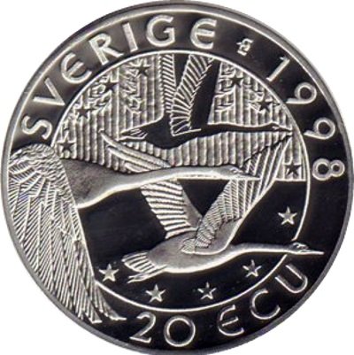 Швеция 20 экю 1998 год - Густав II Адольф.  Лебеди (proof, серебро)