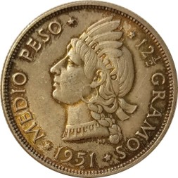 Монета Доминиканская республика 1/2 песо 1951 год