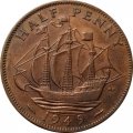 Великобритания 1/2 пенни 1949 год - Король Георг VI. Корабль «Золотая лань»