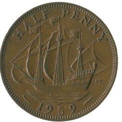 Великобритания 1/2 пенни 1959 год - Галеон «Золотая лань»