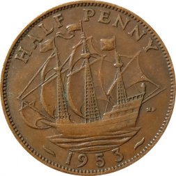 Великобритания 1/2 пенни 1953 год