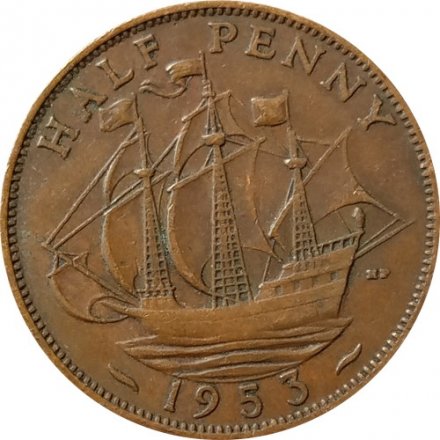 Великобритания 1/2 пенни 1953 год