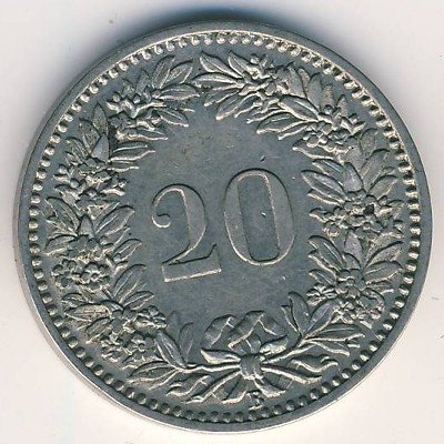 Швейцария 20 раппенов 1884 год