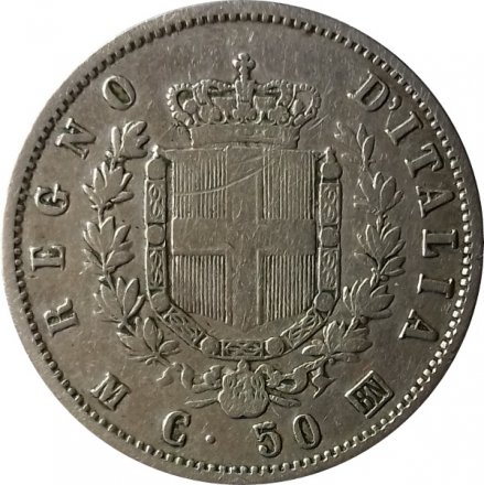 Италия 50 чентезимо 1863 год (Щит на реверсе, М)