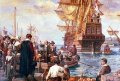 Острова Кука 50 долларов 1991 год - 500 лет открытию Америки - Мейфлауэр и два путешественника на берегу