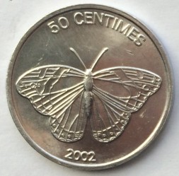 Монета Конго, Демократическая республика 50 сентим 2002 год - Бабочка. Лев