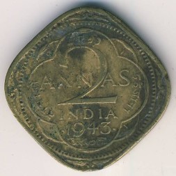 Монета Британская Индия 2 анны 1943 год - Король Георг VI