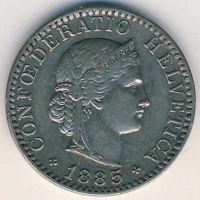 Швейцария 20 раппенов 1885 год