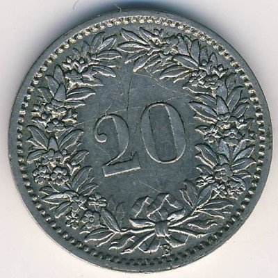 Швейцария 20 раппенов 1885 год