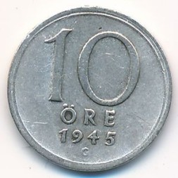 Монета Швеция 10 эре 1945 год - Король Густав V (G)