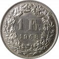 Швейцария 1 франк 1968 год (Отметка монетного двора: &quot;B&quot; - Берн, Швейцария)
