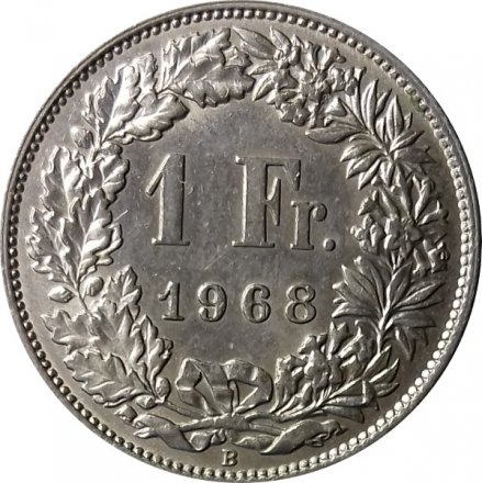Швейцария 1 франк 1968 год (Отметка монетного двора: &quot;B&quot; - Берн, Швейцария)