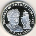 Острова Кука 10 долларов 1990 год - 500 лет открытию Америки. Америго Веспуччи