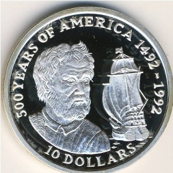 Монета Острова Кука 10 долларов 1990 год - 500 лет открытию Америки. Америго Веспуччи