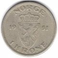 Норвегия 1 крона 1951 год - Король Хокон VII (без отверстия)