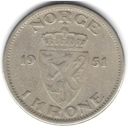 Монета Норвегия 1 крона 1951 год - Король Хокон VII (без отверстия)