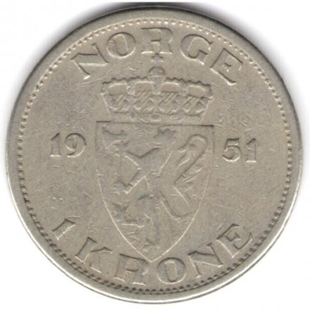 Норвегия 1 крона 1951 год - Король Хокон VII (без отверстия)