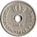 Норвегия 10 эре 1941 год - Король Хокон VII (c отверстием)