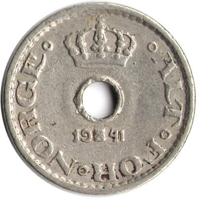 Норвегия 10 эре 1941 год - Король Хокон VII (c отверстием)
