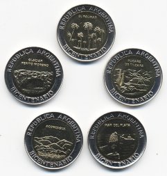 Набор из 5 монет Аргентина 1 песо 2010 год - 200 лет Аргентине