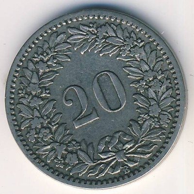 Швейцария 20 раппенов 1887 год