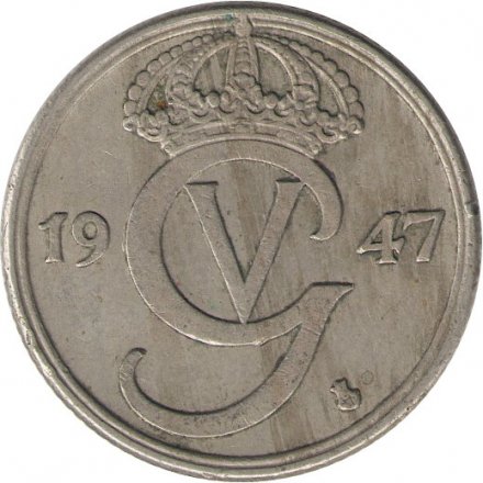 Швеция 50 эре 1947 год - Король Густав V (никелевая бронза, &quot;GV&quot; на аверсе)