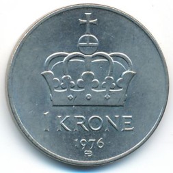 Монета Норвегия 1 крона 1976 год - Король Улаф V
