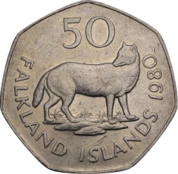 Фолклендские острова 50 пенсов 1980 год - Фолклендская лисица-волк