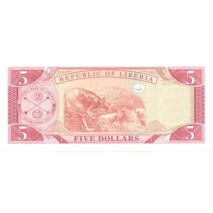 Либерия 5 долларов 1999 год - Эдвард Джеймс Рой. Женщина, собирающая рис UNC