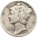 США 1 дайм (10 центов) 1942 год - Меркурий (без отметки МД)