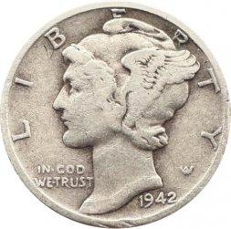 США 1 дайм (10 центов) 1942 год - Меркурий (без отметки МД)