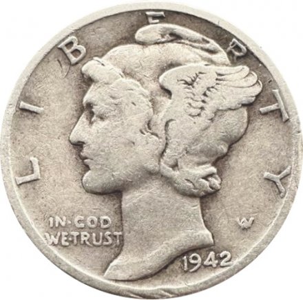 США 1 дайм (10 центов) 1942 год - Меркурий (без отметки МД)