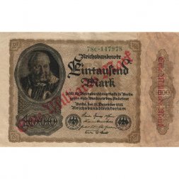 Германия (Веймарская Республика) 1000 марок 1922 год надпечатка 1000000000 (миллиард) марок - VF