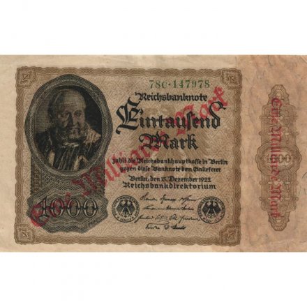 Германия (Веймарская Республика) 1000 марок 1922 год надпечатка 1000000000 (миллиард) марок - VF