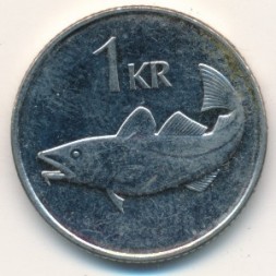 Монета Исландия 1 крона 2005 год - Треска