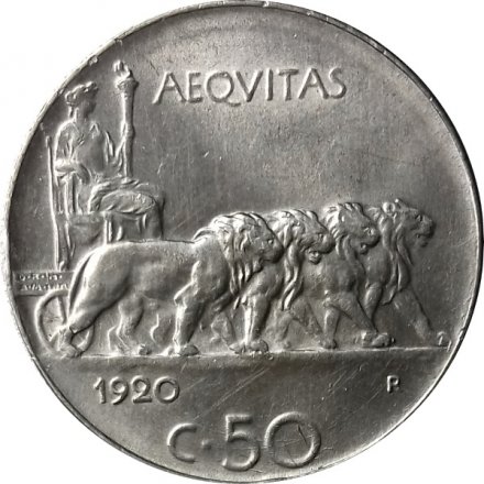 Италия 50 чентезимо 1920 год - Король Виктор Эммануил III (гурт рифленый)