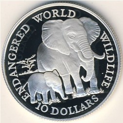 Монета Острова Кука 10 долларов 1990 год - Слоны
