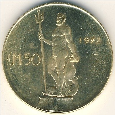 Мальта 50 фунтов 1972 год - Нептун (золото)