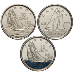 Набор из 3 монет Канада 10 центов 2021 год - 100 лет шхуне Блюнос (Bluenose)