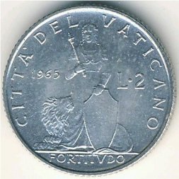 Ватикан 2 лиры 1965 год Папа Павел VI