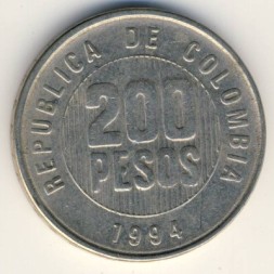 Монета Колумбия 200 песо 1994 год
