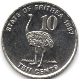 Эритрея 10 центов 1997 год - Страус