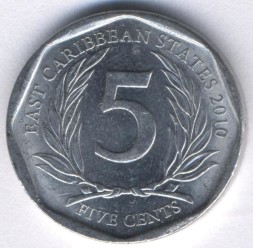 Монета Восточные Карибы 5 центов 2010 год