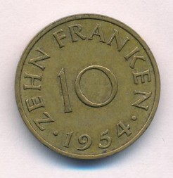 Монета Саар 10 франков 1954 год