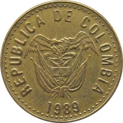 Колумбия 5 песо 1989 год (герб на аверсе)