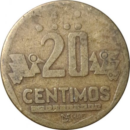 Перу 20 сентимо 1993 год - Инициалы &quot;CHAVEZ&quot; на реверсе