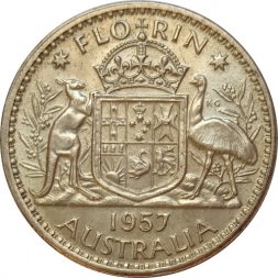 Австралия 1 флорин (2 шиллинга) 1957 год - Герб. Кенгуру и страус