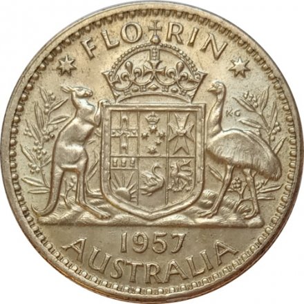 Австралия 1 флорин (2 шиллинга) 1957 год - Герб. Кенгуру и страус